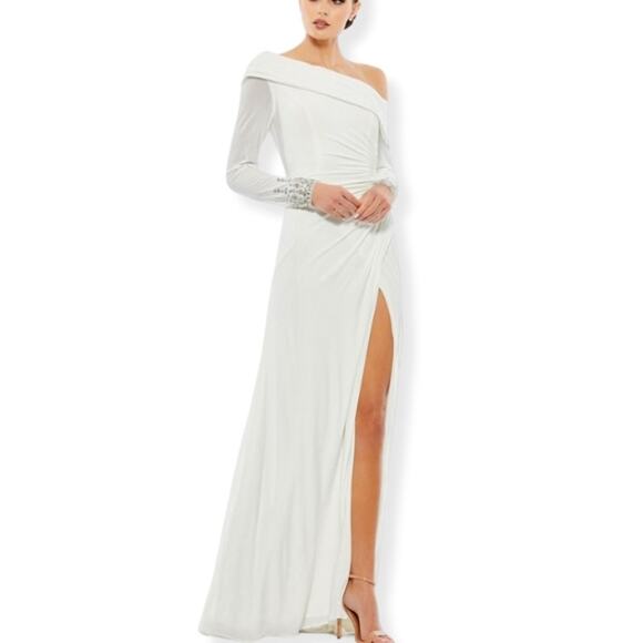 Mac Duggal Maxi Dress Off Shoulder Jewel-Embellished Cuff White Women's 6 NWOT - Picture 1 of 11